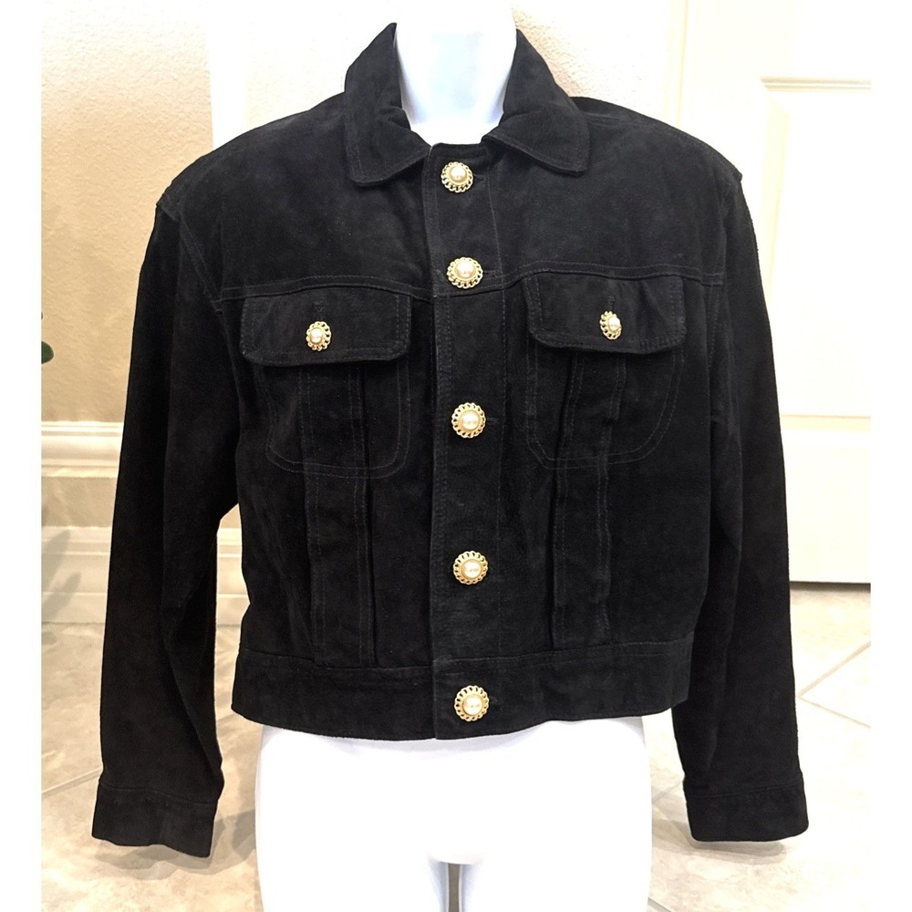 The Limited Vintage Black Suede Leather Jacket Gold Pearl Button Cropped Small